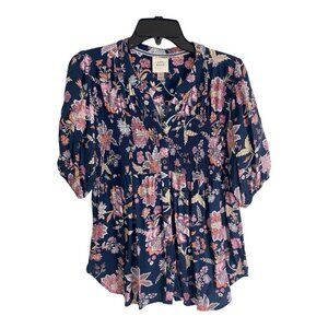 Knox Rose Womens Shirt Adult Size Small Blue Floral V Neck Elastic Button Granny